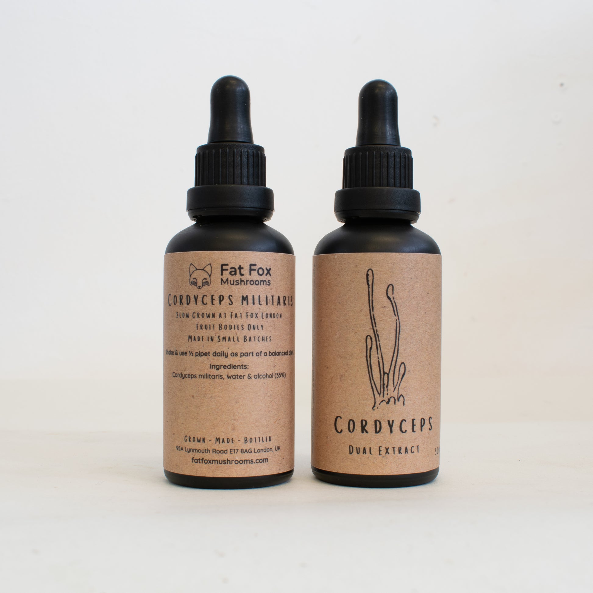 Bottles of cordyceps dual-extract tinctures made by Fat Fox Mushrooms.