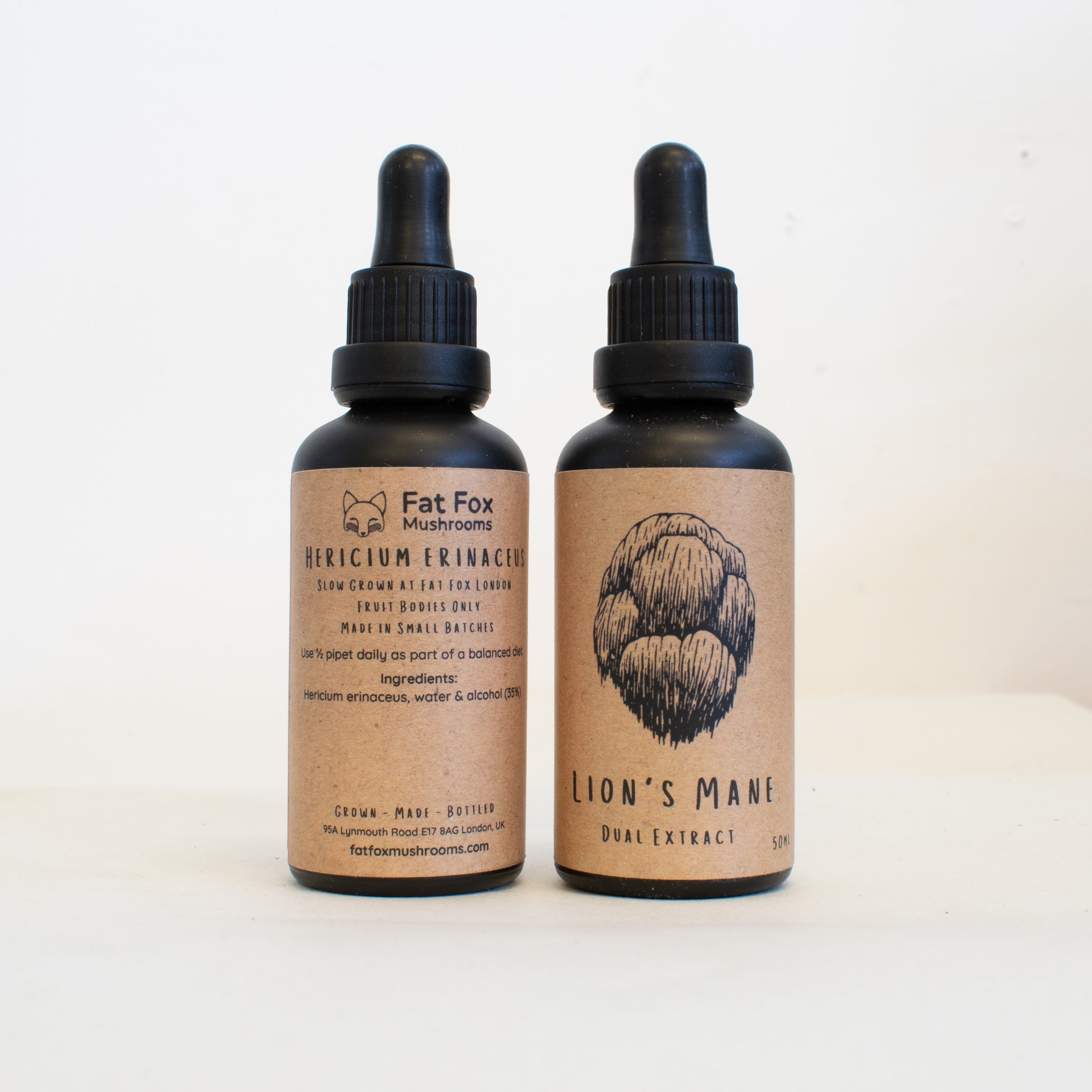 Lion's Mane dual-extract tinctures made by Fat Fox Mushrooms.
